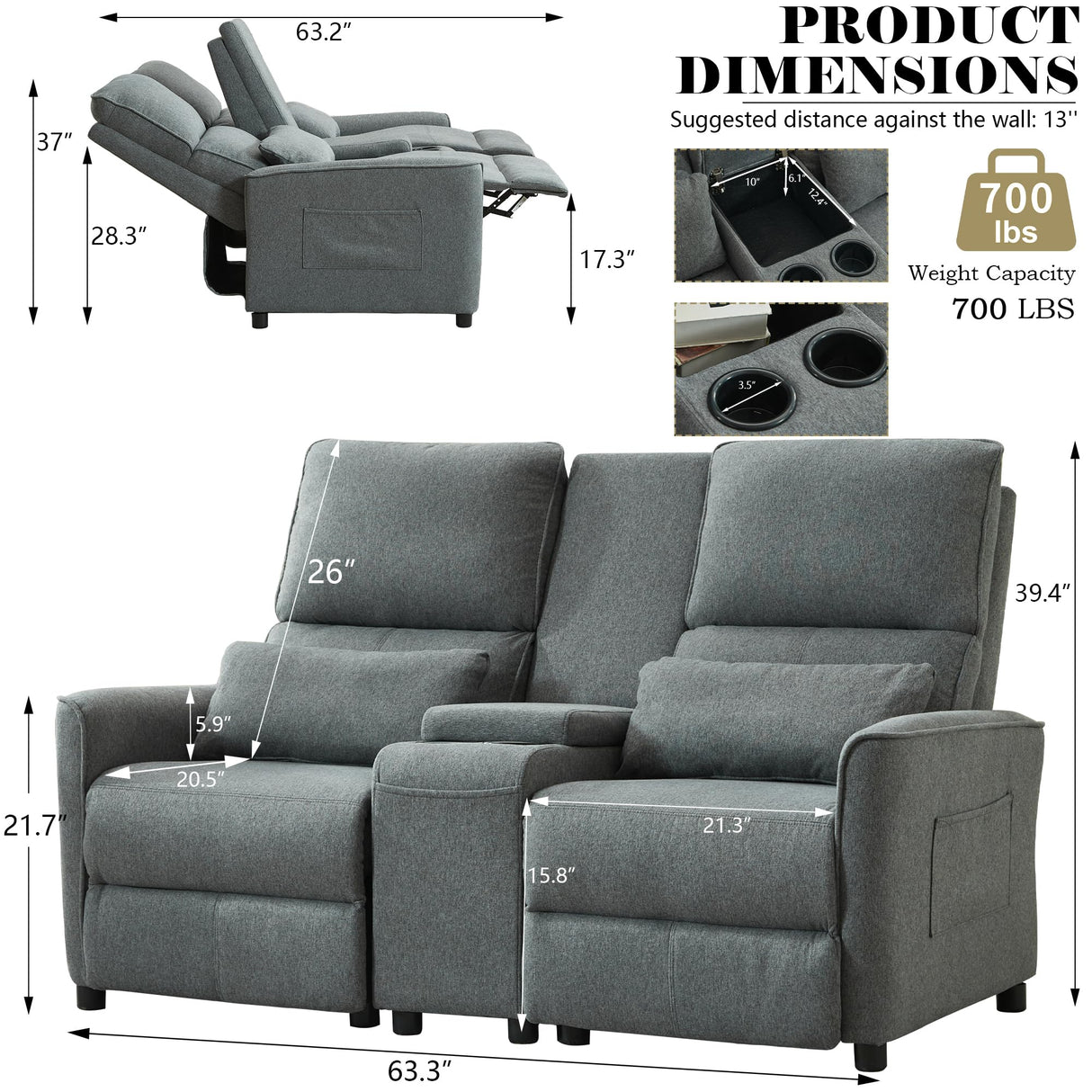 DRMBOOK 63'' RV Loveseat Recliner Sofa, Linen Fabric Double Camper Couch 2 Seater Recliner with Console, Home Movie Theater Seating Chair, 2 Person Push Back Recliners for Living Room, Grey DRMBOOK