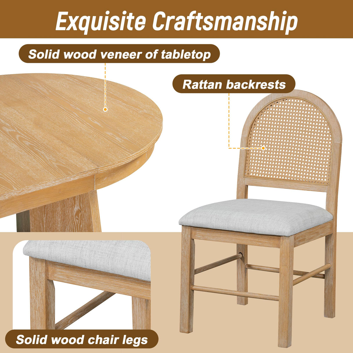 Harper & Bright Designs 5-Piece Extendable Dining Table Set, Functional Round Dining Table and 4 Upholstered Chairs with Rattan Backrests for Dining Room and Kitchen (Natural Wood Wash) Harper & Bright Designs