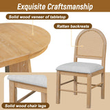 Harper & Bright Designs 5-Piece Extendable Dining Table Set, Functional Round Dining Table and 4 Upholstered Chairs with Rattan Backrests for Dining Room and Kitchen (Natural Wood Wash) Harper & Bright Designs