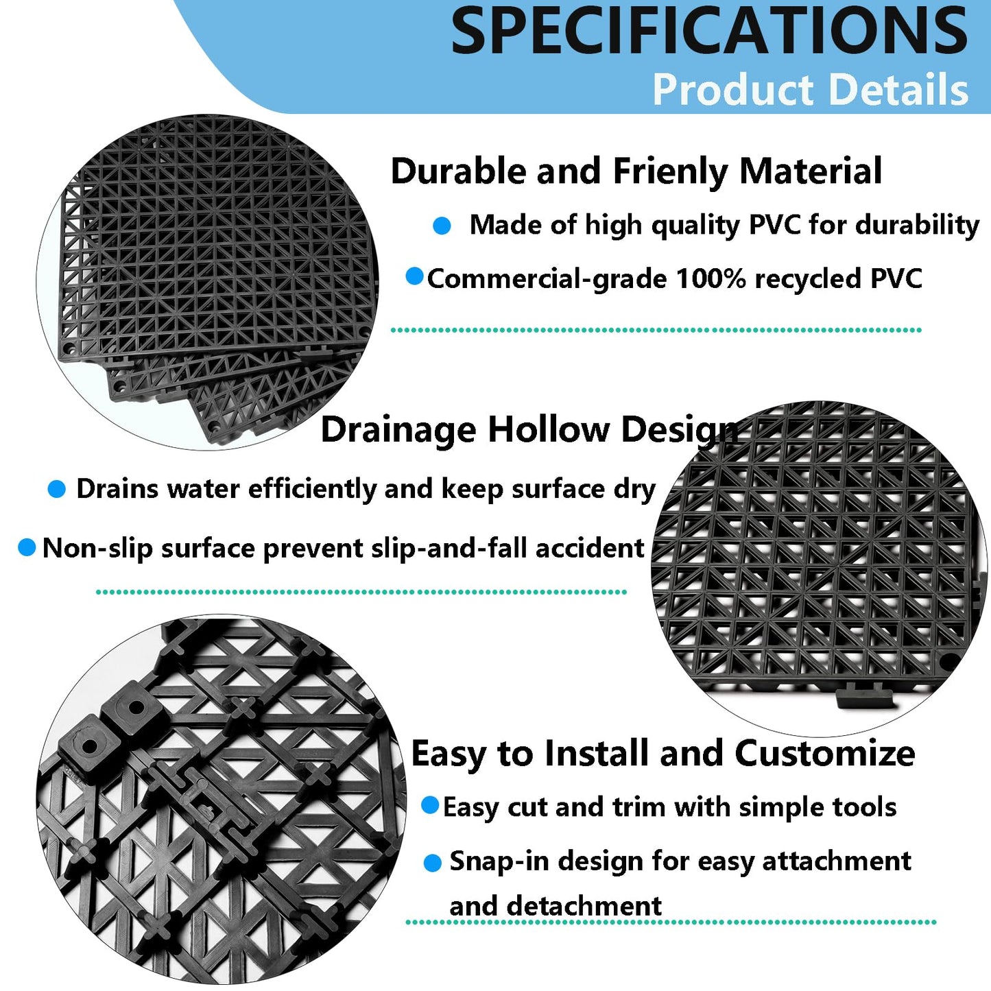 12” x 12” Drainage Interlocking Floor Tiles, 12 Pack Non-Slip Pool Deck Drain Tiles for Flooring, Soft PVC Splicing Modular Cushion Mats, Rubber Floor Tiles with Holes for Shower Basement Garage Shed