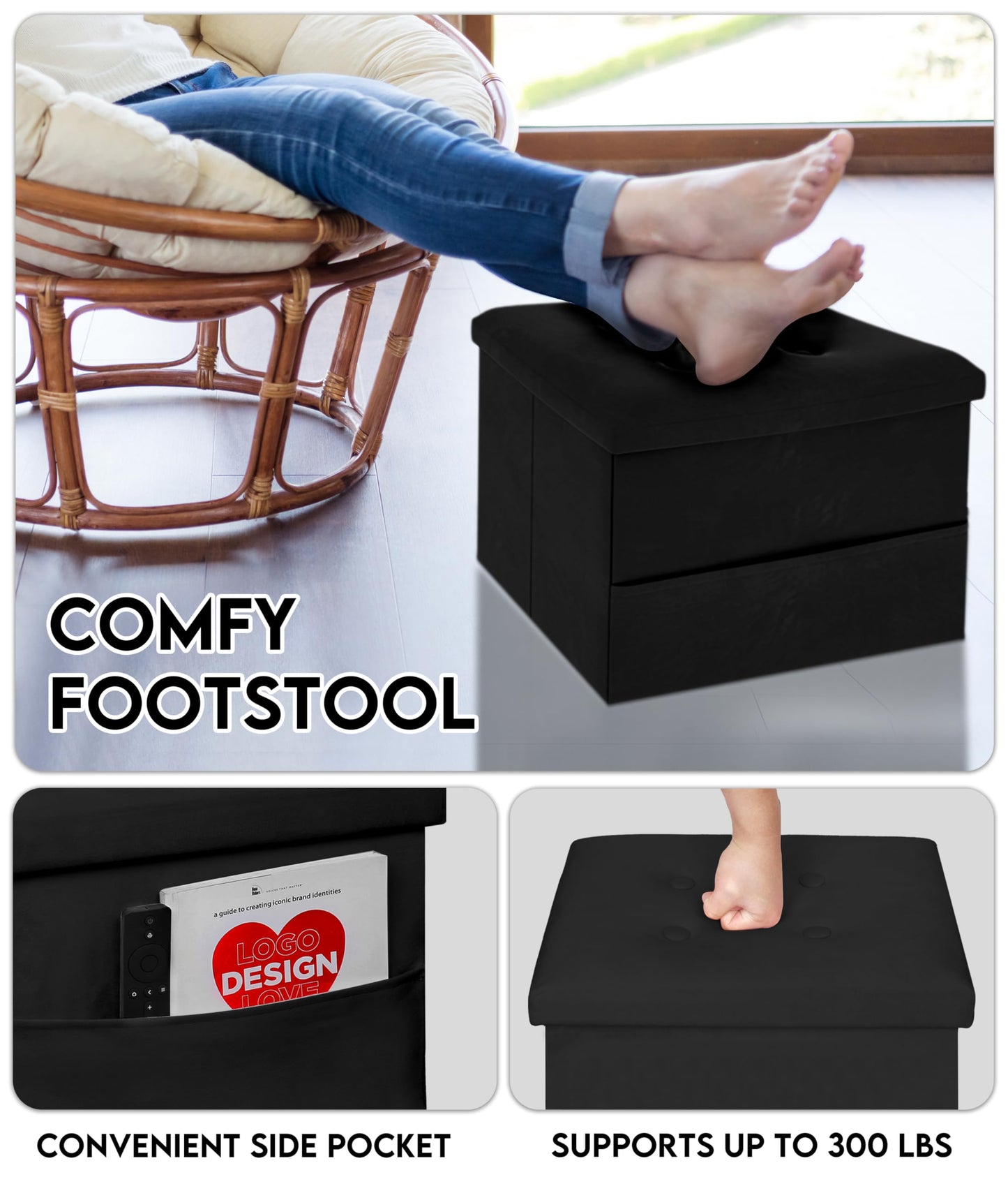 ZOES HOMEWARE Small Storage Ottoman Foot Rest, Velvet Ottoman with Storage and Side Pocket, Black Foot Rest for Couch, Foldable Footstool Ottoman for Chair,Living Room&Dorm, 16"x12"x12" Black