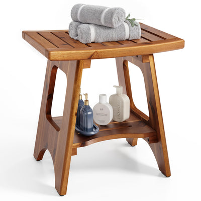 HOLANA 18" Acacia Wood Shower Benches for Inside Shower - Wooden Shower Stool Waterproof for Shaving Legs - Bench Seat with Storage Towel Shelf for Bathroom - Tub Bench Chair Spa Bath (Acacia)