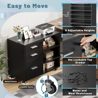 Furmax Lateral Mobile File Cabinet with 3 Drawers, Printer Stand, Wood Filing Cabinet Adjustable Open Storage Shelves, Wheels Casters and Lock, Home Office