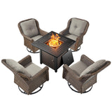 Bellefurn Patio Resin Wicker Furniture Set with Fire Pit Table, PE Rattan Swivel Patio Chairs with Propane Fire Pit Table, Brown Wicker 5PCS Patio Conversation Set Bellefurn