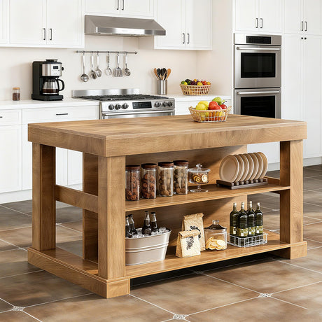 Tribesigns Kitchen Island with Storage, 55-Inch Farmhouse Stationary Island Table with Large Countertop, 3-Tier Wooden Coffee Bar Table for Kitchen, Dining Room, Rustic Brown Tribesigns