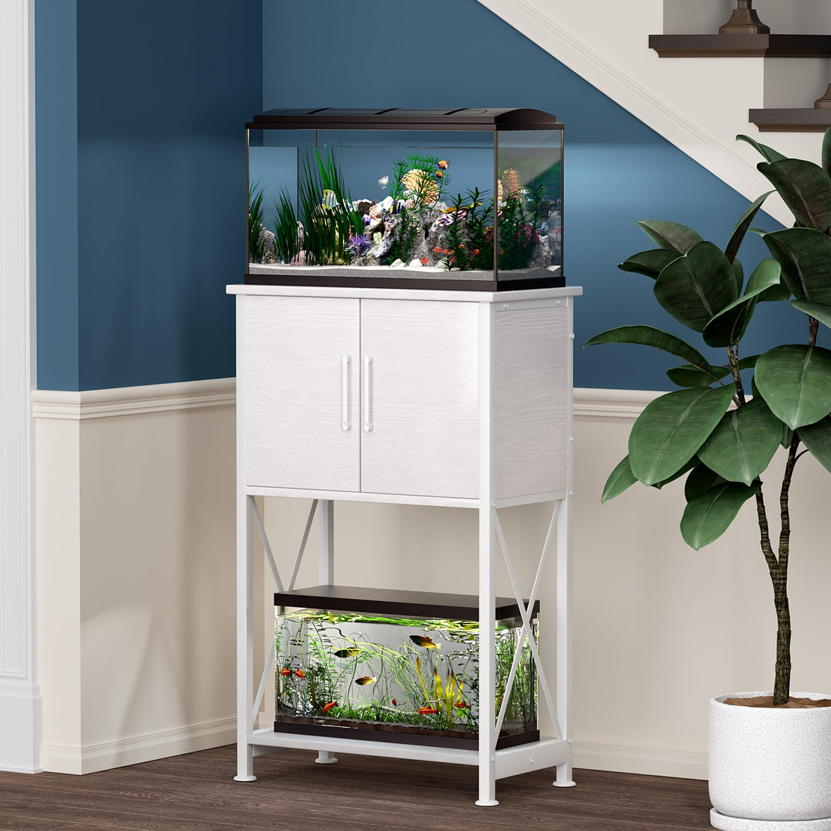 Herture 5-10 Gallon Fish Tank Stand, Metal Double Aquarium Stand with Cabinet for Fish Tank Accessories Storage, Heavy Duty 20.5" L* 11.02" W Tabletop, 500LBS Capacity White PG06YGW Herture