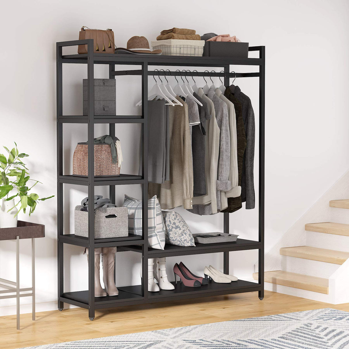 Tribesigns Free-standing Closet Organizer with 6 Storage Shelves and Hanging Bar, Large Standing Clothes Garment Rack（Black） Tribesigns