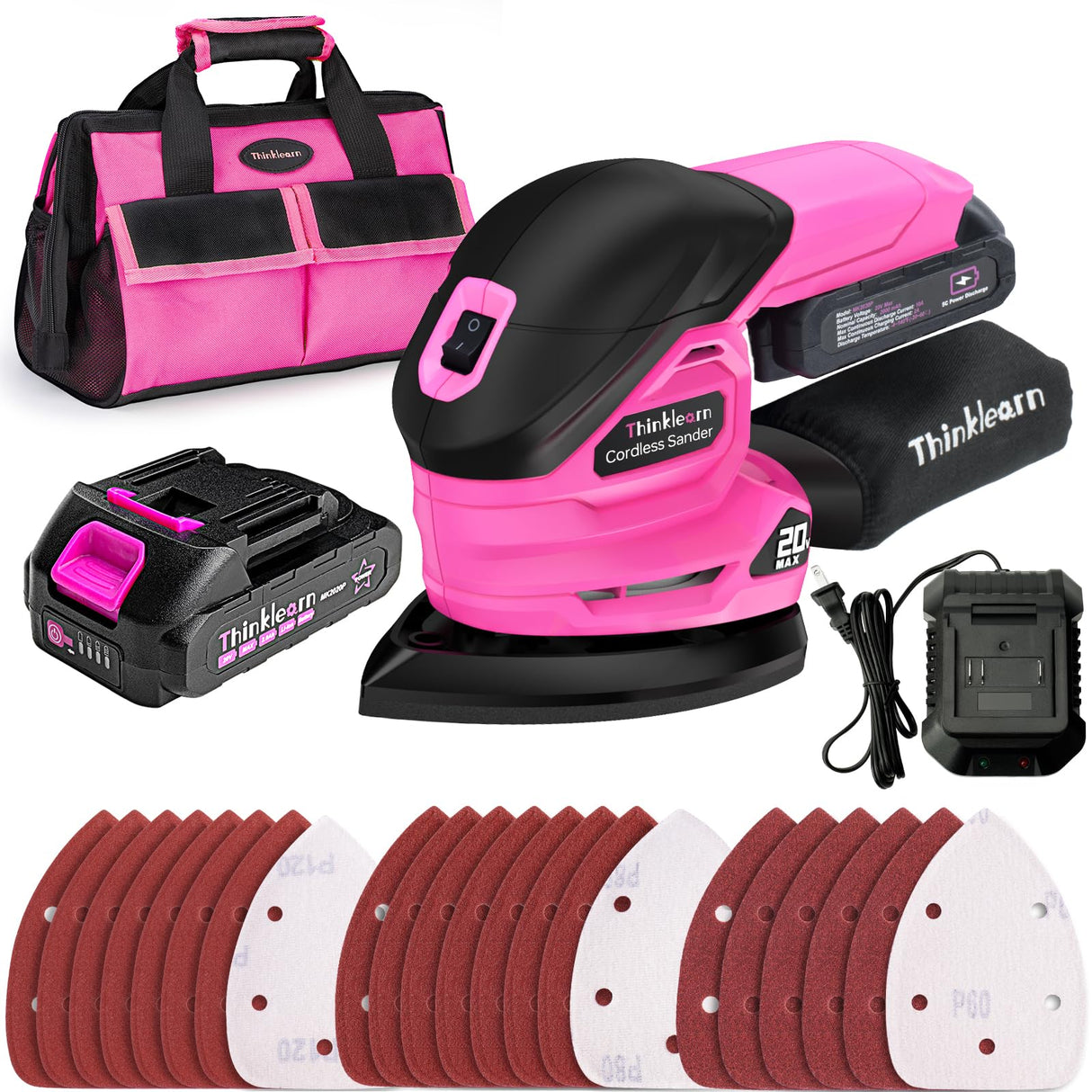 Cordless Detail Sander with 2Pcs Batteries and Charger, 20V Electric Hand Sander for Wood, 2Amp Power Sander for Woodworking, Small Hand Sander for Wood Furniture, Palm Sander Tool with Dust Collector ThinkLearn