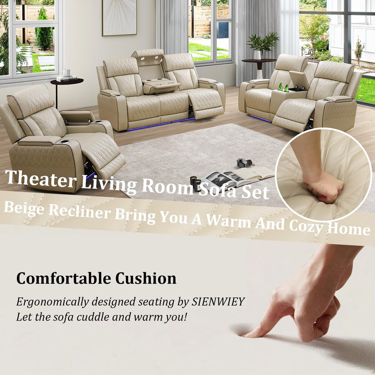 SIENWIEY Leather Recliner Sofa Set with LED Light, Power Reclining Couch Set with USB Port, Leather Couch Set 2 Pieces for Living Room Home Theater Seating（Beige，Sofa and Loveseat） SIENWIEY