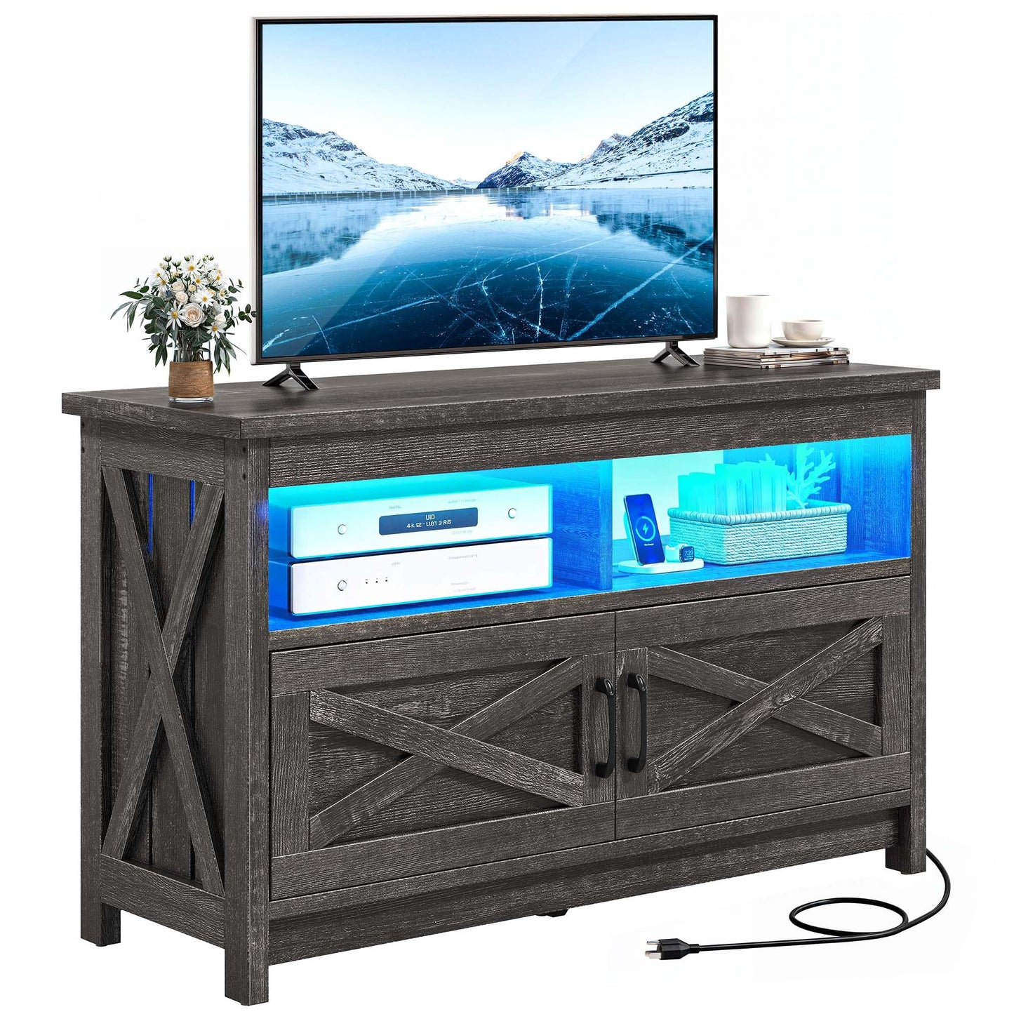 YITAHOME Farmhouse TV Stand with LED Light and Power Outlet, TV Media Console for up to 40 Inch TV, Rustic Entertainment Center Table TV Cabinet for Living Room, Dark Grey, 35'' Wide