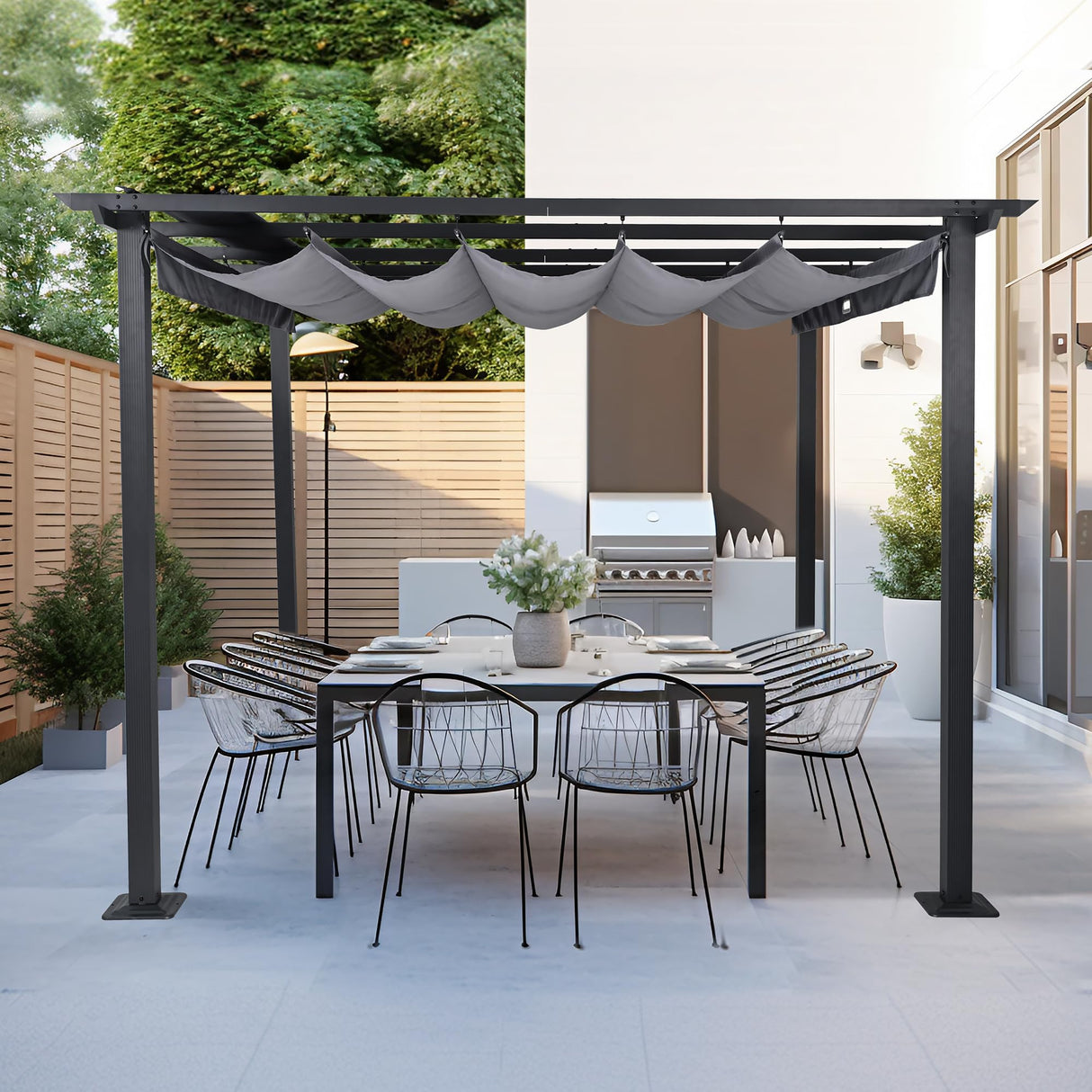 ZEPYARD 10X10 FT Outdoor Pergola, Aluminum Pergola with Sun Shade Retractable Canopy, Patio Retractable Pergola for Deck, Backyard, Grill (Grey) ZEPYARD