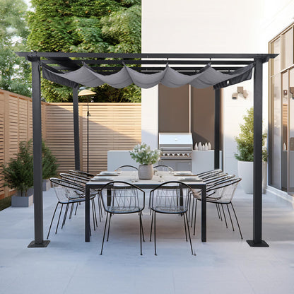 ZEPYARD 10X10 FT Outdoor Pergola, Aluminum Pergola with Sun Shade Retractable Canopy, Patio Retractable Pergola for Deck, Backyard, Grill (Grey)