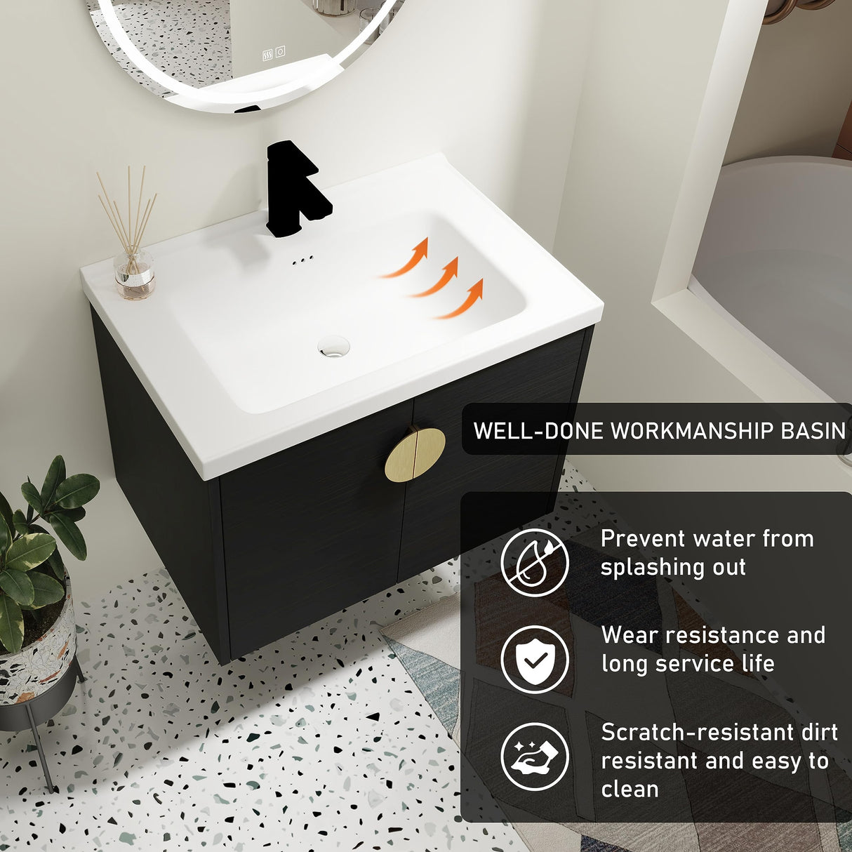 SSLine Modern 28" Floating Bathroom Vanity with Sink Wall Mounted Bathroom Vanity with Top Basin & Storage Cabinet Luxury Black Wood Hanging Vanity w/Ceramic Sink & Gold Handles for Small Space SSLine