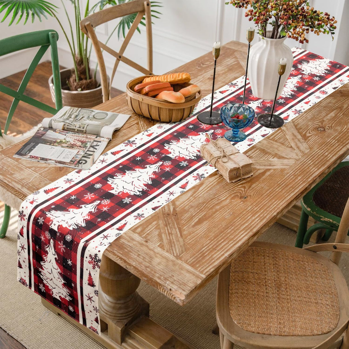 Buffalo Plaid Christmas Tree Christmas Table Runner, Red Winter Holiday Kitchen Dining Christmas Table Decoration for Indoor Outdoor Home Party Decor 13x72 Inch (Christmas Tree) Lapensa