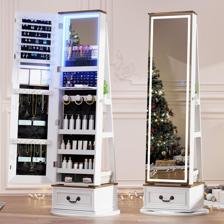 LVSOMT LED Mirror Jewelry Cabinet Standing, 360°Swivel Jewelry Armoire with Full Length Mirror, Mirror with Jewelry Storage and Large Wooden Drawer for Christmas Gifts (Farmhouse White) LVSOMT