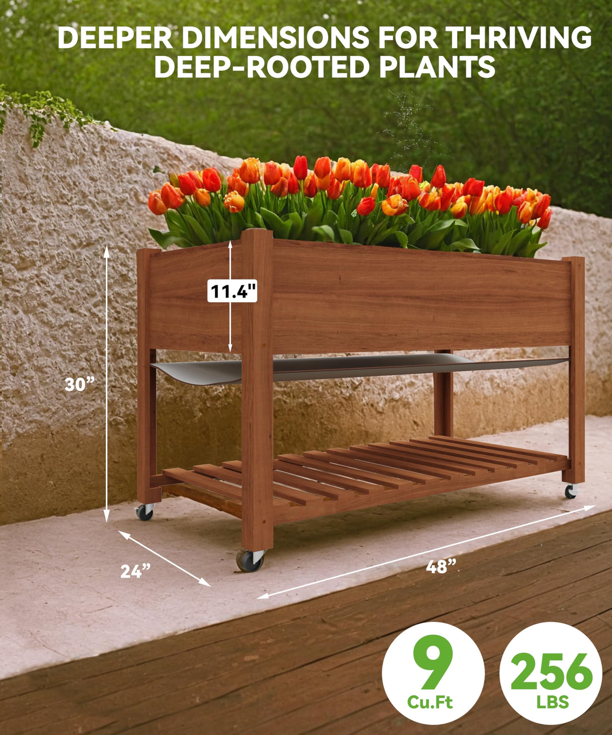 GarveeHome Raised Garden Bed 48x24x32-Inch Mobile Elevated Wood Planter Raised Beds w/Lockable Wheels, Storage Shelf, and Protective Liner for Indoor/Outdoor Gardening,Acorn Brown GarveeHome