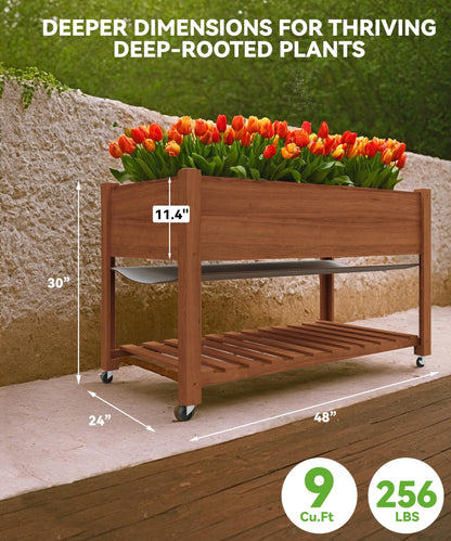 VORTEXTOVE 48x24x30in Raised Garden Bed with Wheels,Elevated Raised Planter Box Outdoor for Growing Vegetables and Herbs,Sturdy Wooden Raised Table Garden Bed with Legs-Enhanced Depth,Acorn Brown