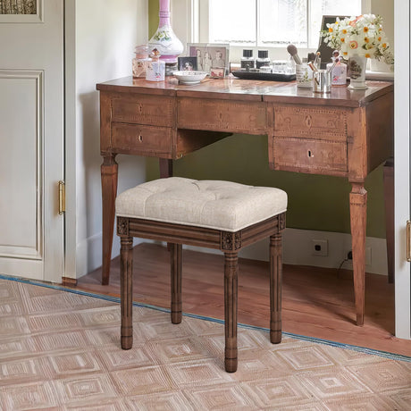 LUE BONA Upholstered Fabric Vanity Bench Seat, Makeup Stools for Vanity, Square Tufted Ottoman Bench with Carved Dark Brown Legs for Bedroom Living Room, Linen Color LUE BONA