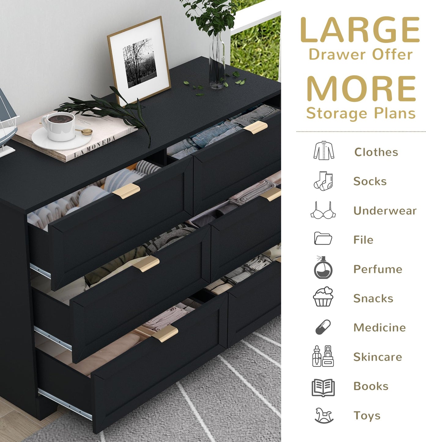 UYIHOME 6 Drawer Dresser for Bedroom, Modern Long Dresser Chest with Large Drawer, Wooden Chest of Dresser Storage Cabinet Organizer Unit for Living Room, Cloakroom, Entryway, Hallyway, Black