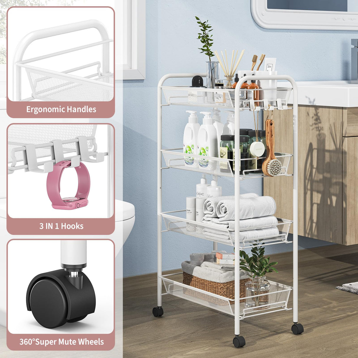 TOOLF 4-Tier Rolling Cart, Metal Utility Cart with 3 Hooks, Easy Assemble Mobile Storage Trolley On Wheels, Metal Shelving Units Kitchen Bathroom Laundry Room TOOLF