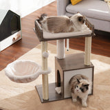 Heybly Modern Cat Tree, Wooden Cat Tower with 3 Scratching Posts, Cat Condo for Indoor Cats with Wood Cat Cave, Plush Perch, Basket, Pompom, Rustic Gray HCT007SSG Heybly