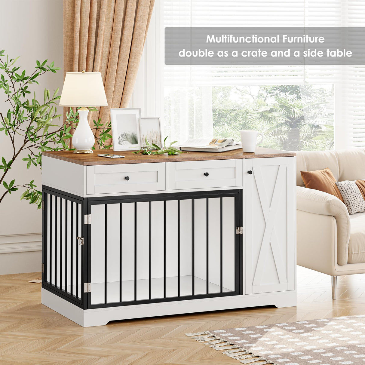 Dog Crate Furniture Kennel with Double Doors Wooden Pet House with 2 Drawers and Storage Cabinet, Indoor Dog Cage Farmhouse Modern Side End Table for Small Medium Dogs, White TTVIEW