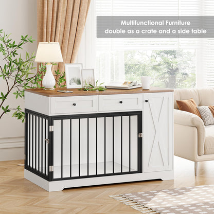 Dog Crate Furniture Kennel with Double Doors Wooden Pet House with 2 Drawers and Storage Cabinet, Indoor Dog Cage Farmhouse Modern Side End Table for Small Medium Dogs, White