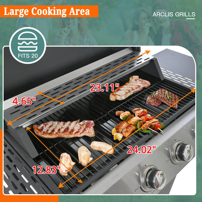 ARCLIS 4 Burner BBQ Gas Grill, Propane Grill with Side Shelves and Wheel Casters, 34,200 BTU Output Stainless Steel Outdoor Barbecue Cooking Grate for Kitchen and Patio Backyard