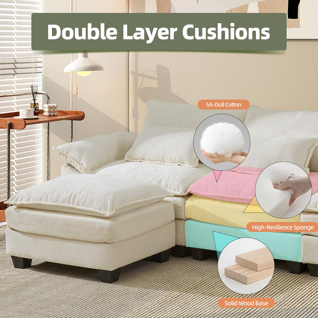 Mvpipi 108" Modular Sectional Sofa, Comfy Cloud Couch with Ottoman & USB Port for Living Room, L Shaped Modern Chenille Couches with Throw Pillows for Bedroom, Apartment, White Mvpipi