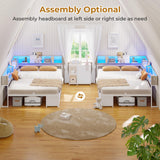 MSmask 14 Inch Corner Bed Frame with Bookcase Storage, Full Daybed with 6 Drawers, Charging Station and LED Light, Full Size Metal Platform Bed Frame for Kids Teenagers, White & Oak Grey MSmask