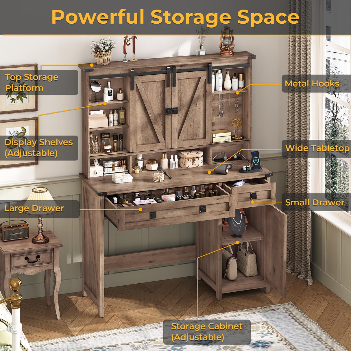 Farmhouse Vanity Desk with Mirror and Lights, 41" Sliding Door Makeup Vanity with Charging Station, Large Vanity Table with Drawers/Shelves/Cabinet Storage, Rustic Oak MSmask