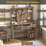 Farmhouse Vanity Desk with Mirror and Lights, 41" Sliding Door Makeup Vanity with Charging Station, Large Vanity Table with Drawers/Shelves/Cabinet Storage, Rustic Oak MSmask