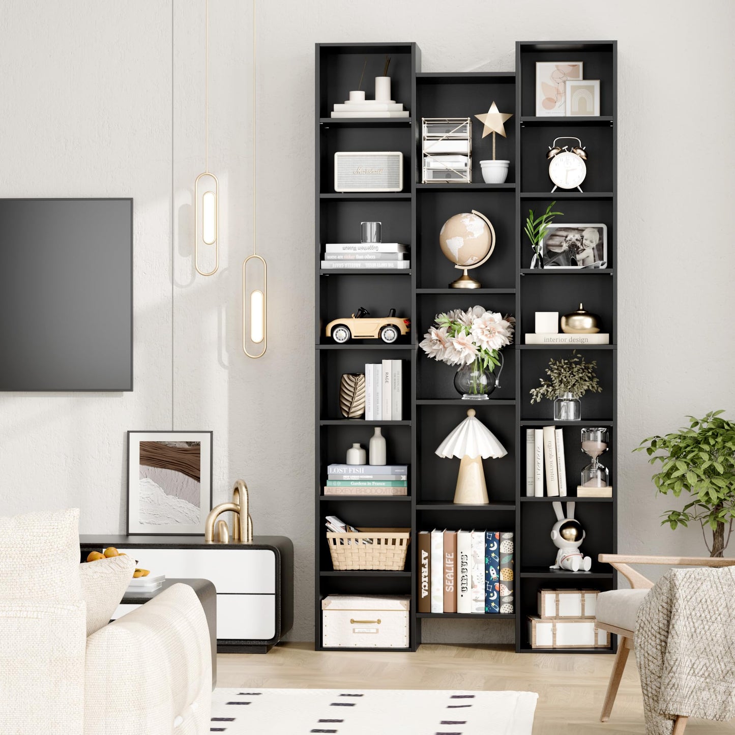 FOTOSOK Triple Wide 71" Tall Black Media Storage Tower with Adjustable Shelves - WoodArtSupply