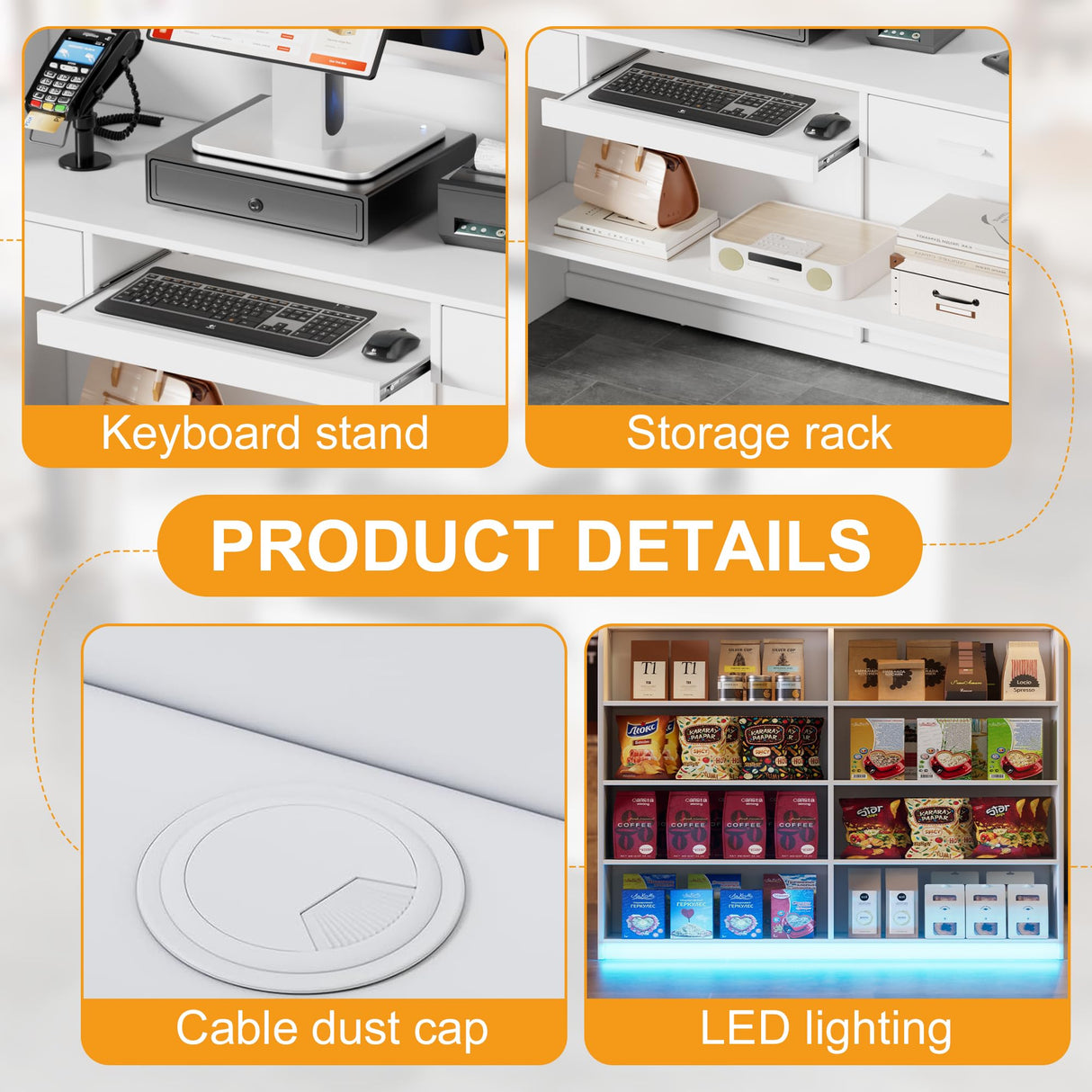 SDMY Reception Desk with Counter for Retail & Checkout,Modern Front Desk Reception Room Table with Outer Display Rack, 47.7 inch Retail Counter with Lights for Market, Office, Fruit Shop,White SDMY