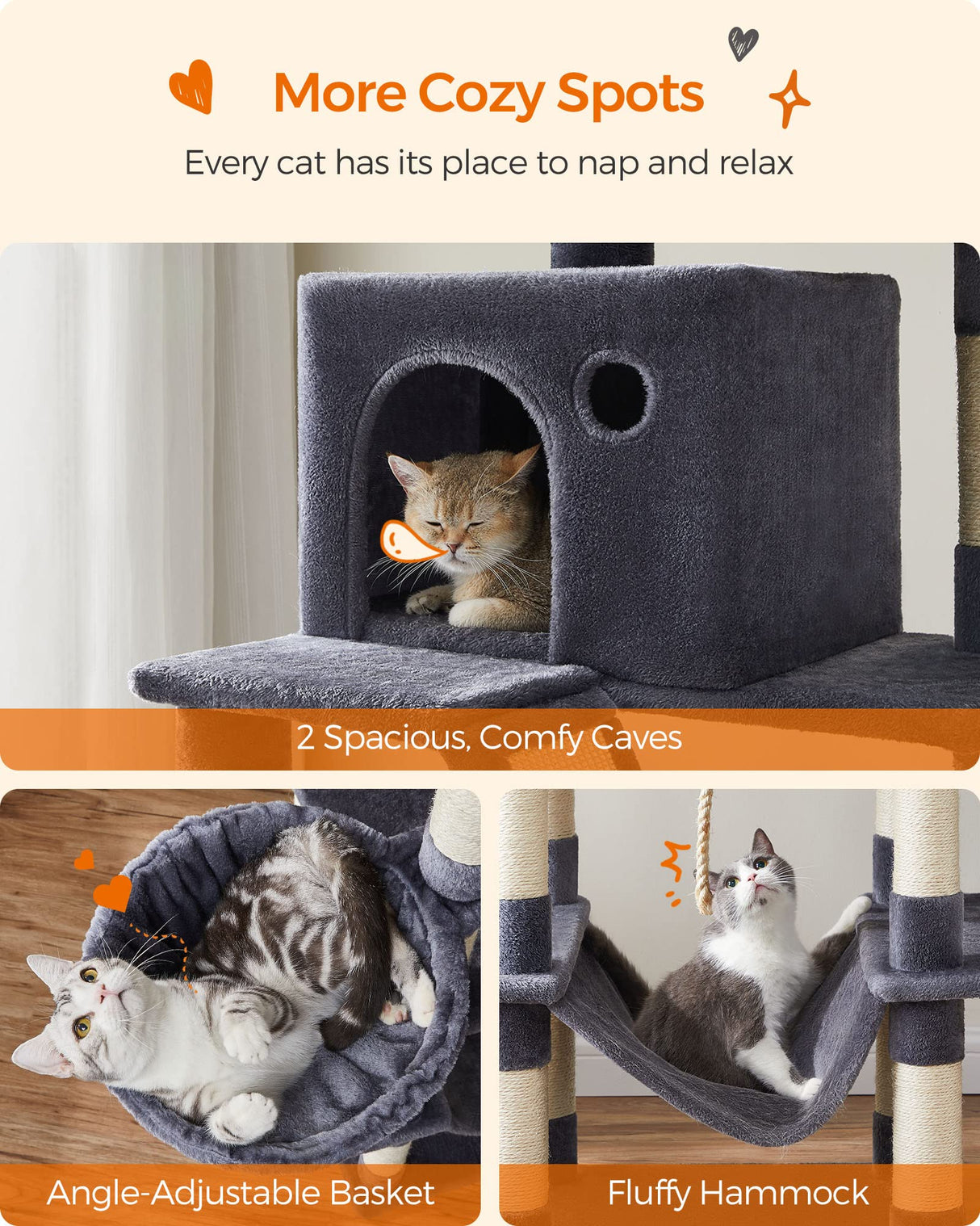 Feandrea Cat Tree, 81.1-Inch Large Cat Tower with 13 Scratching Posts, 2 Perches, 2 Caves, Basket, Hammock, Pompoms, Multi-Level Plush Cat Condo for Indoor Cats, Smoky Gray UPCT190G01 Feandrea