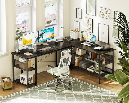 ODK 66" L Shaped Desk with Power Outlet and USB Charging Ports, Reversible L Shaped Computer Desk with Storage Shelves, Home Office Desk, Gaming Desk, Corner Desk, Black