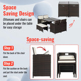 Outdoor Patio Furniture Set 9 Pieces Patio Dining Sets Space Saving Wicker Furniture with 4 Rattan Chairs 4 Ottomans and Glass Table for Outdoor Backyard Porch Poolside Balcony,Khaki Cushion PayLessHere