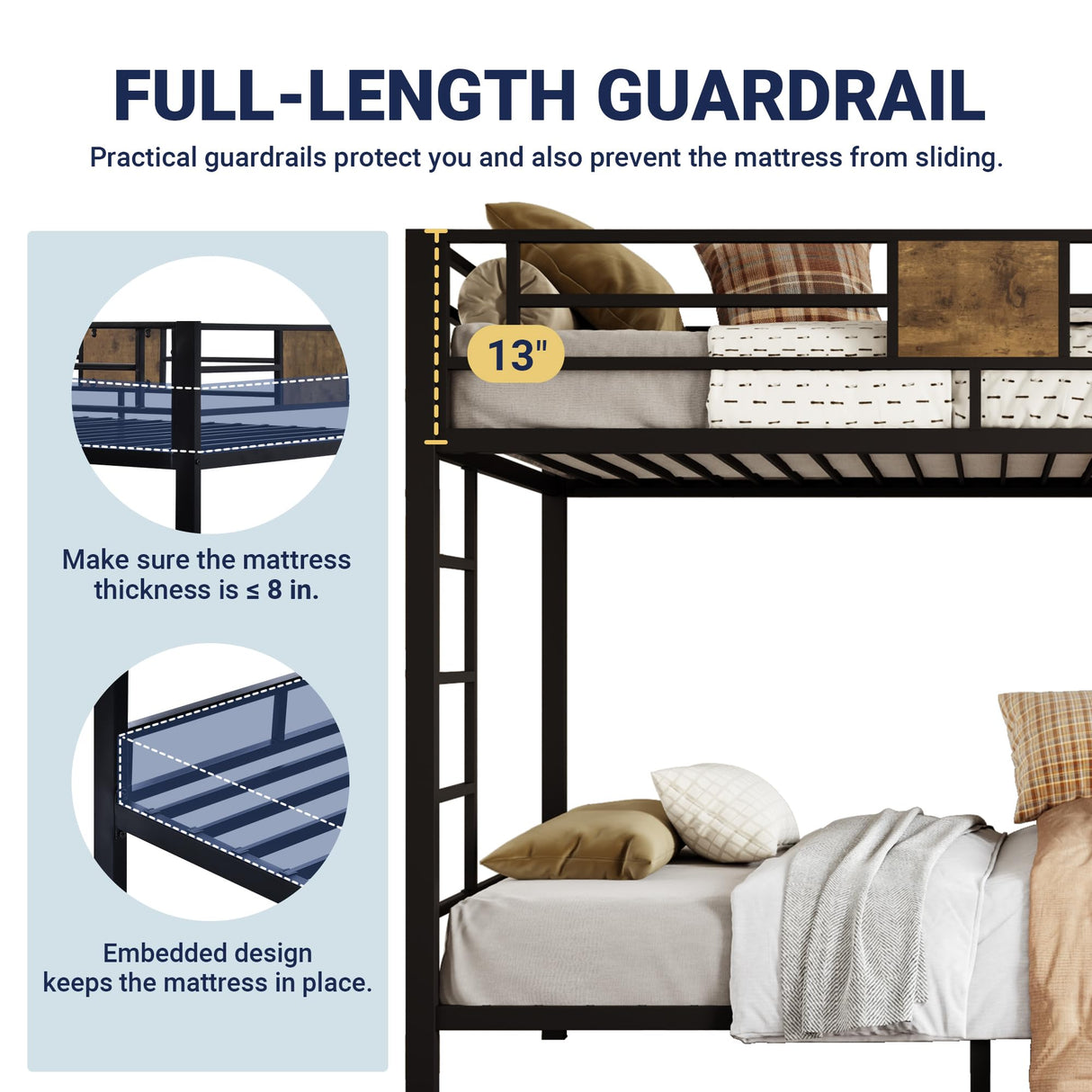 Allewie Black Twin Over Twin Bunk Bed with Rustic Wood Accents and Sturdy Metal Frame Allewie