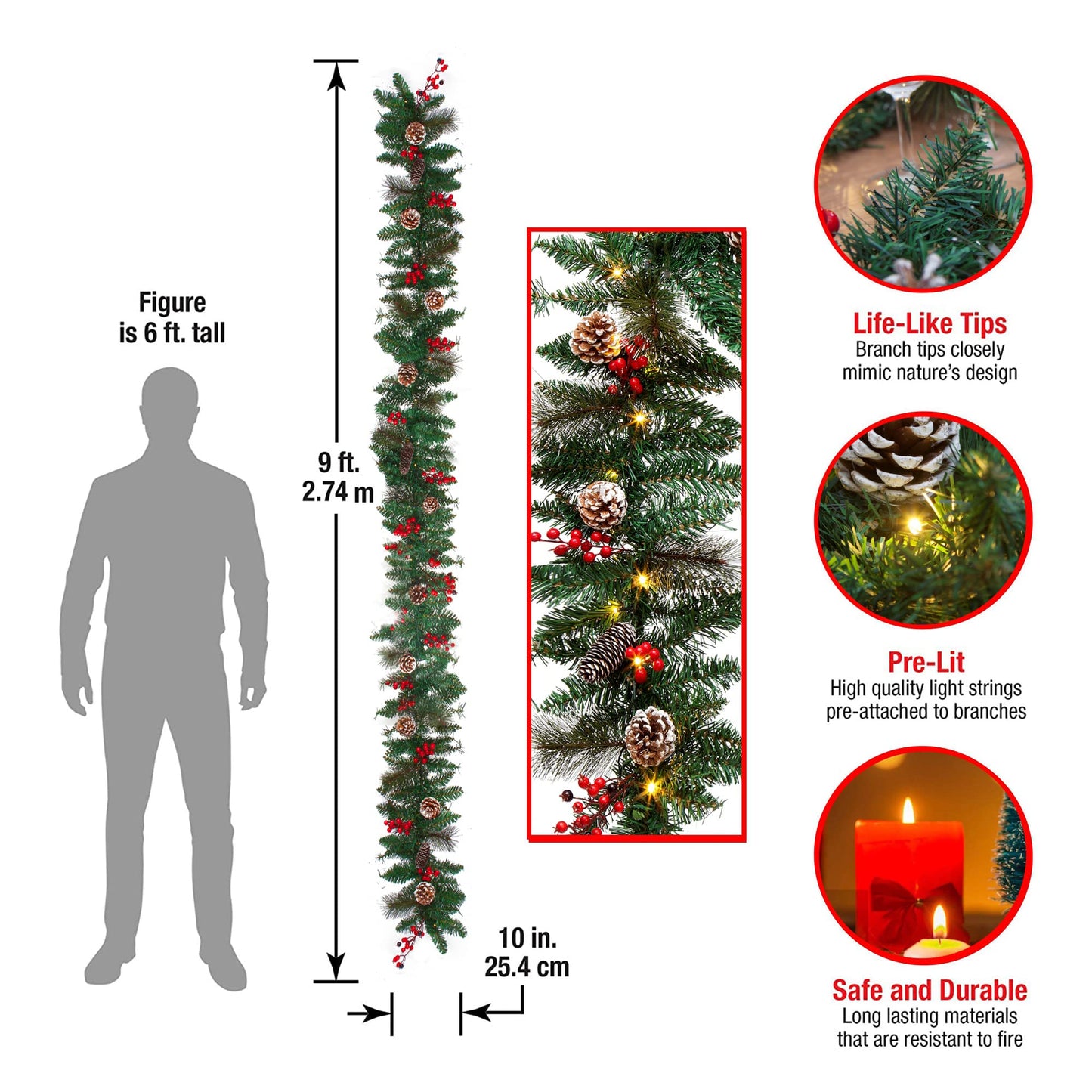 9FT Christmas Garland Decoration ，Battery Operated Lighted Garland with Pine Cones Red Berries Lush Branches，50 LED Lights 8 Modes，Christmas Decorations