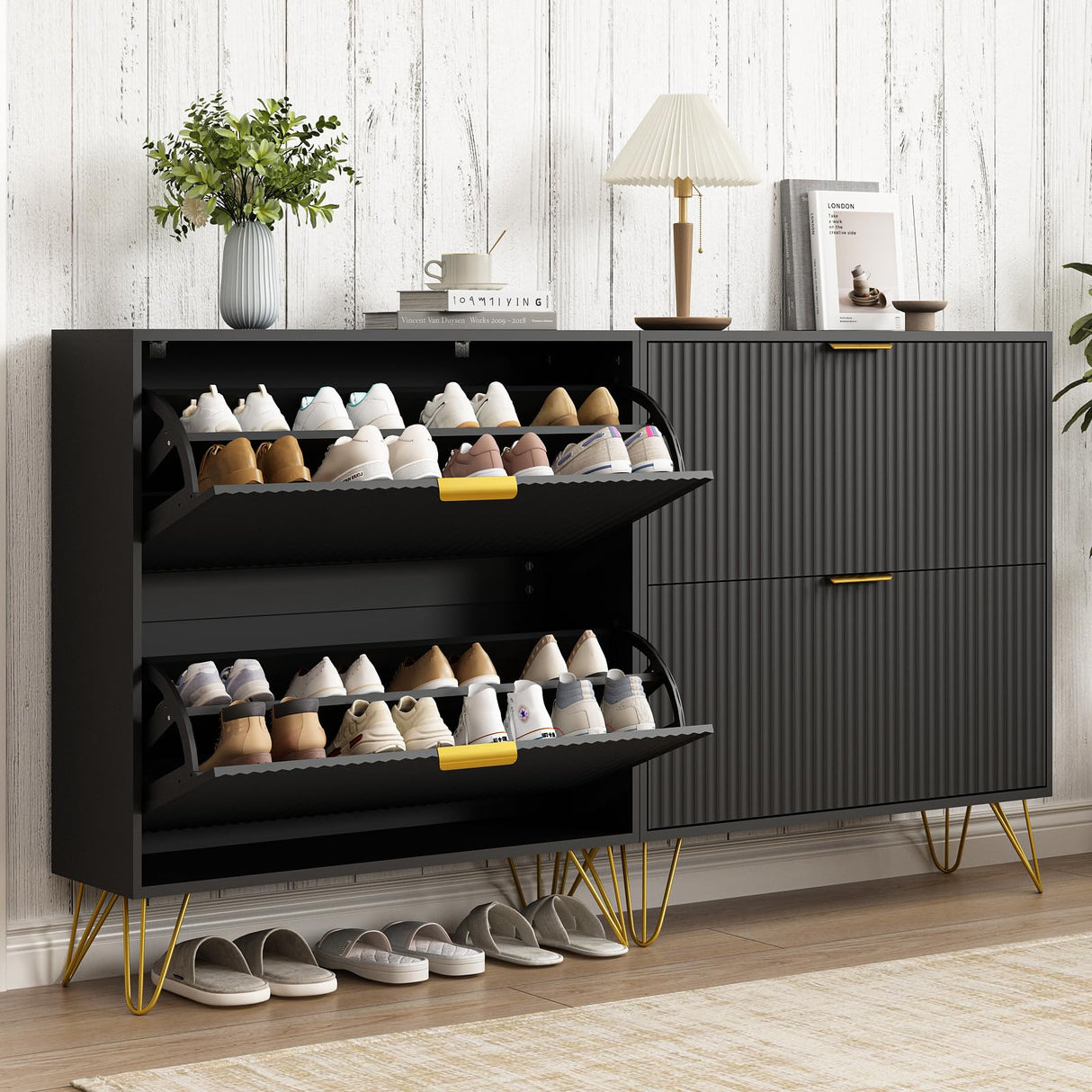 NOVAMAISON Shoe Cabinet with 2 Flip Drawers, Fluted Black Shoe Storage Cabinets, Hidden Shoe Cabinet Storage for Entryway Slim, Modern Freestanding Shoe Rack Organizer, Black NOVAMAISON