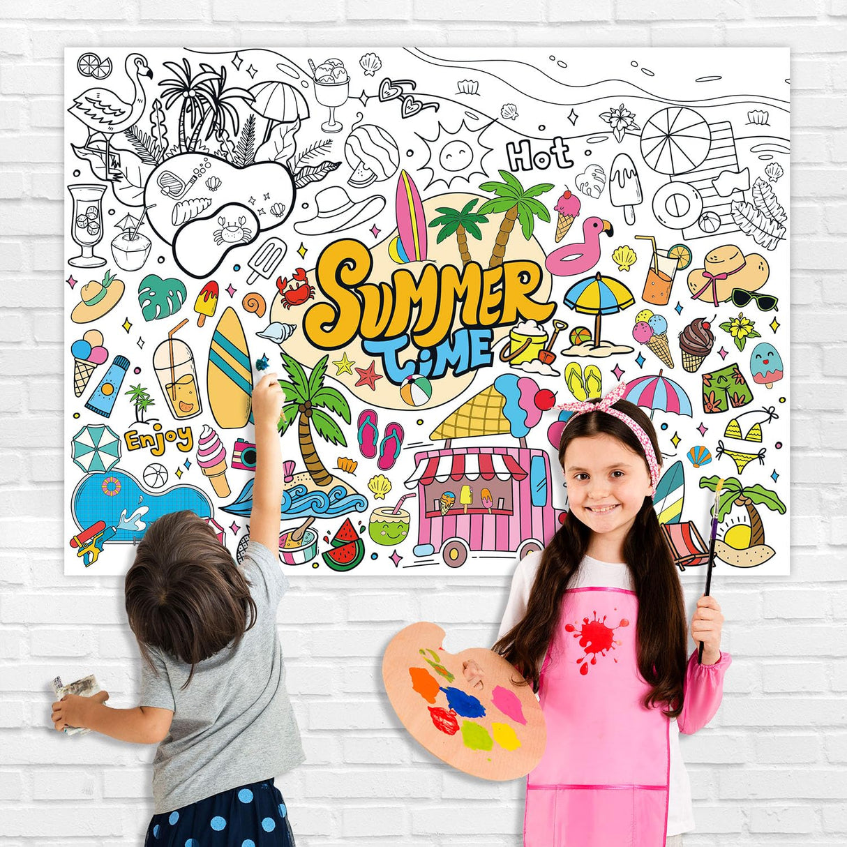 43.3x31.5" Summer Coloring Poster with Picture, Giant Summer Time Painting Poster, Large Coloring Tablecloth for Classroom Home Birthday Party Supplies Favor Nicime