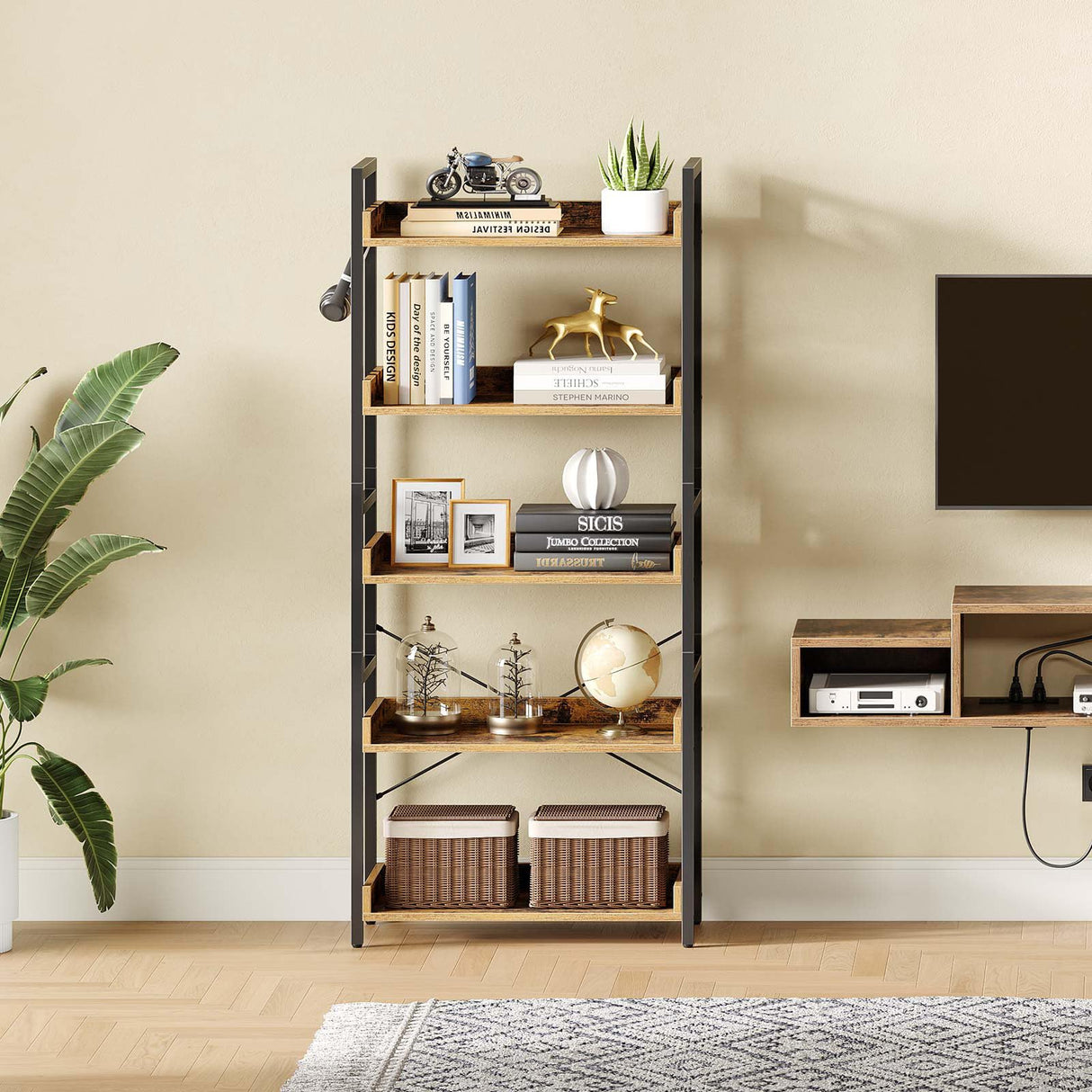Rolanstar Bookshelf 5 Tier with 4 Hooks, Industrial Wood Bookcase, Vintage Storage Rack with Open Shelves, Rustic Standing Bookshelves Display Rack for Living Room, Bedroom, Rustic Brown Rolanstar