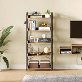 Rolanstar Bookshelf 5 Tier with 4 Hooks, Industrial Wood Bookcase, Vintage Storage Rack with Open Shelves, Rustic Standing Bookshelves Display Rack for Living Room, Bedroom, Rustic Brown Rolanstar