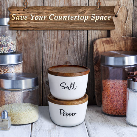 DAYYET Salt and Pepper Bowls, 10 oz Salt Cellar with Lid, Stacked Ceramic Salt Pepper Container with Acacia Wood Lid, Salt Box for Countertop, Modern Kitchen Decor, Set of 2, White DAYYET