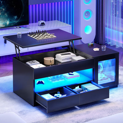 Itaar 39.4" Lift Top Coffee Table with 2 Drawers, Modern LED Coffee Tables for Living Room, Coffee Table with Glass Storage Cabinet, Black