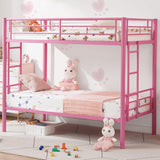 VECELO Metal Bunk Bed Twin Over Twin, Industrial Bunkbeds with Ladder and Full-Length Guardrail, Noise Free, No Boxing Spring Needed, Pink VECELO
