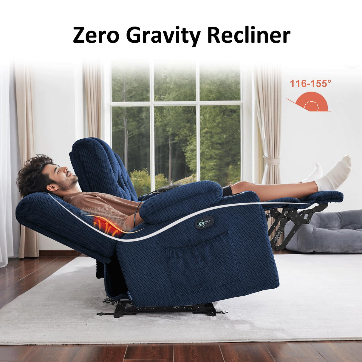 MCombo 57.8" Zero Gravity Power Loveseat Recliner with Heat and Vibration Massage, Reclining Loveseat Sofa with USB Ports, Cup Holders for Living Room, Fabric 6035SET (Navy Blue) MCombo