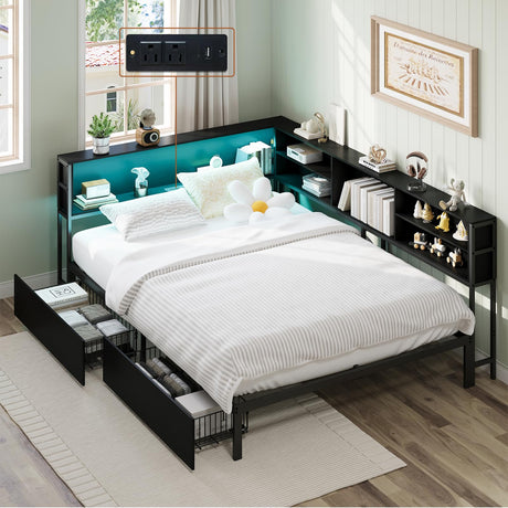 AILUNWALL Corner Bed Frame with Storage Drawers, Twin Size Metal Platform Bed Frames with LED Lights & Charging Station, Daybed with Bookcase for Living Room, Bedroom, Guest Room, Black AILUNWALL