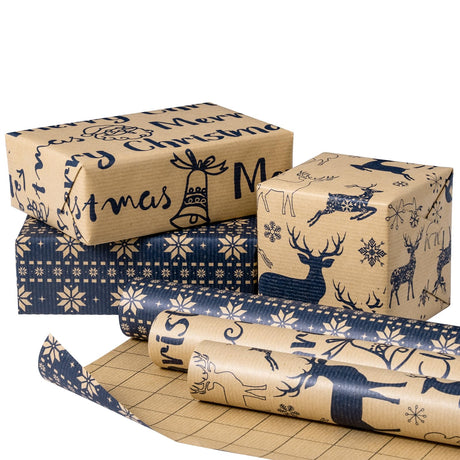 RUSPEPA Christmas Wrapping Paper Rolls - Mini Roll - 17 inches x 10 feet per Roll, Total of 3 Rolls - Reindeer and Snowflake RUSPEPA