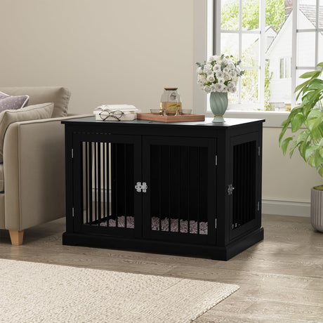 PUPETPO Furniture Style Dog Crate with Cushion, Dog Kennel Medium, Dog Crates, Dog Cage for Small and Medium Dogs, Decorative Dog Kennel with Flip-top Plate, Chew-Proof Metal Bars, Black PUPETPO